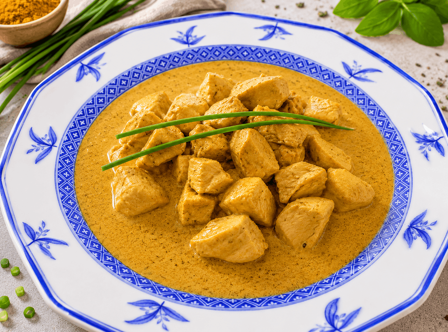 Putencurry mit Konjakreis – weißer Tag